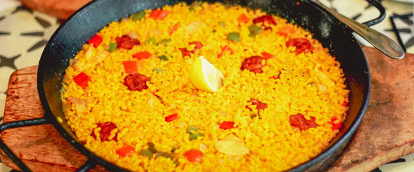 A pan of fresh paella, traditional Spanish food