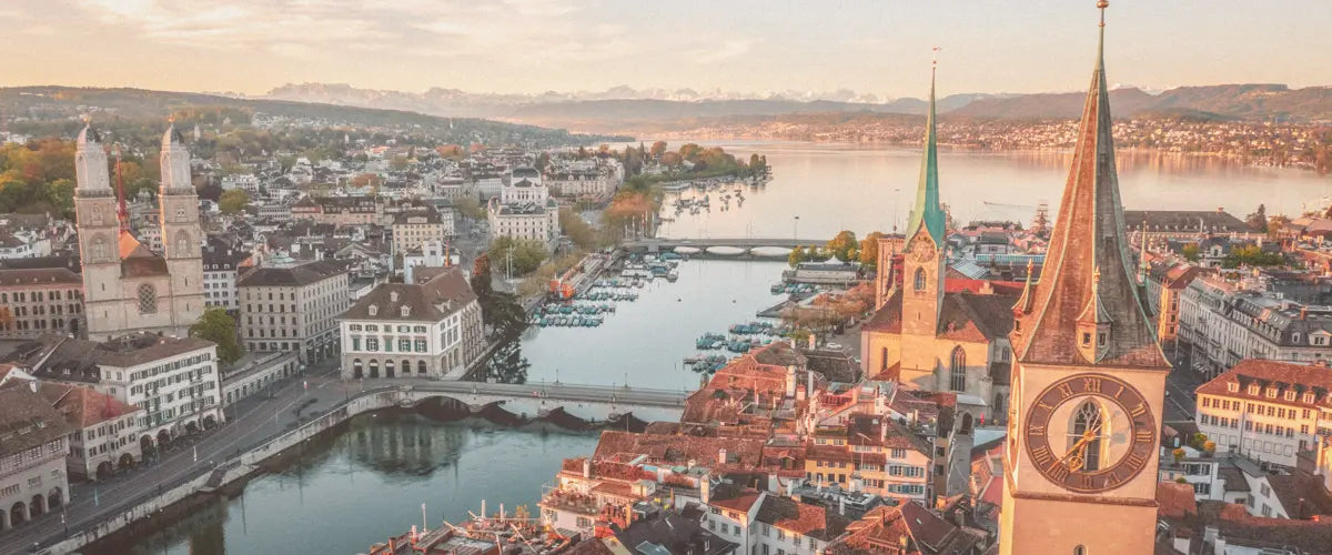 Above the streets and buildings of Zurich, Switzerland