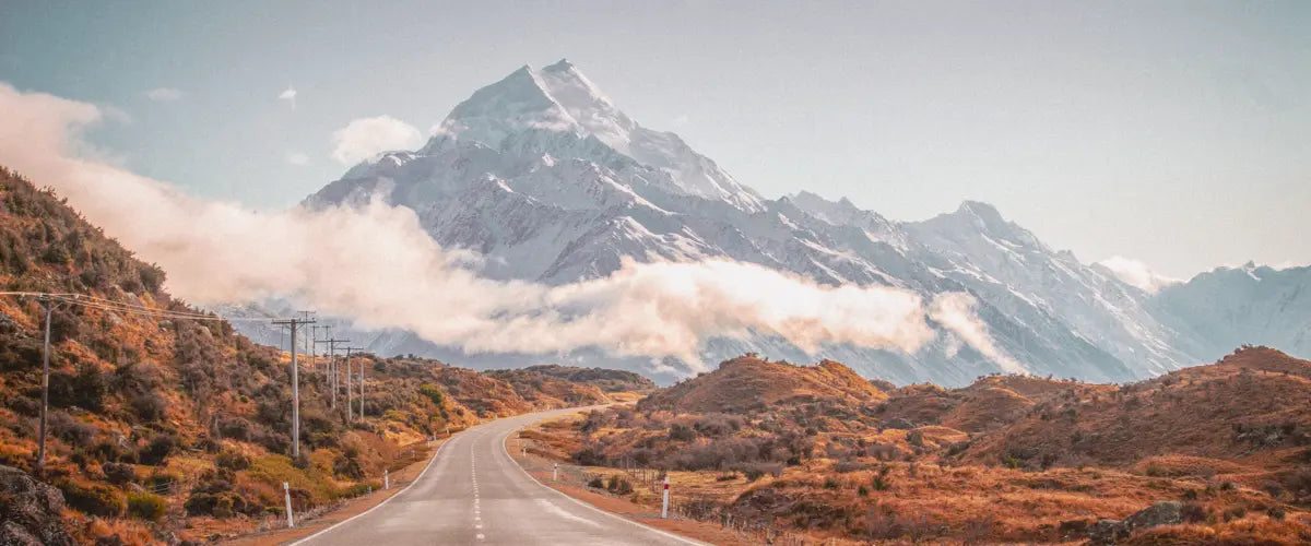 A road leading toward Mount Cook (Aoraki) in New Zealand