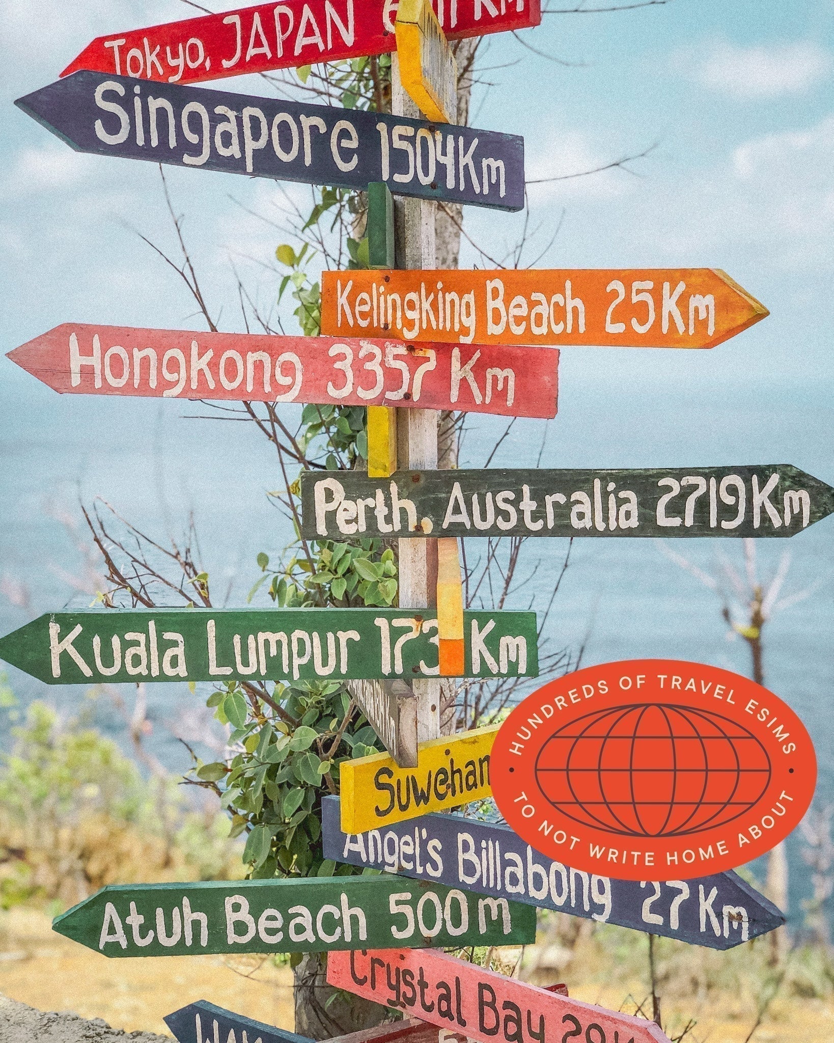 Rustic beach sign with distances between world cities