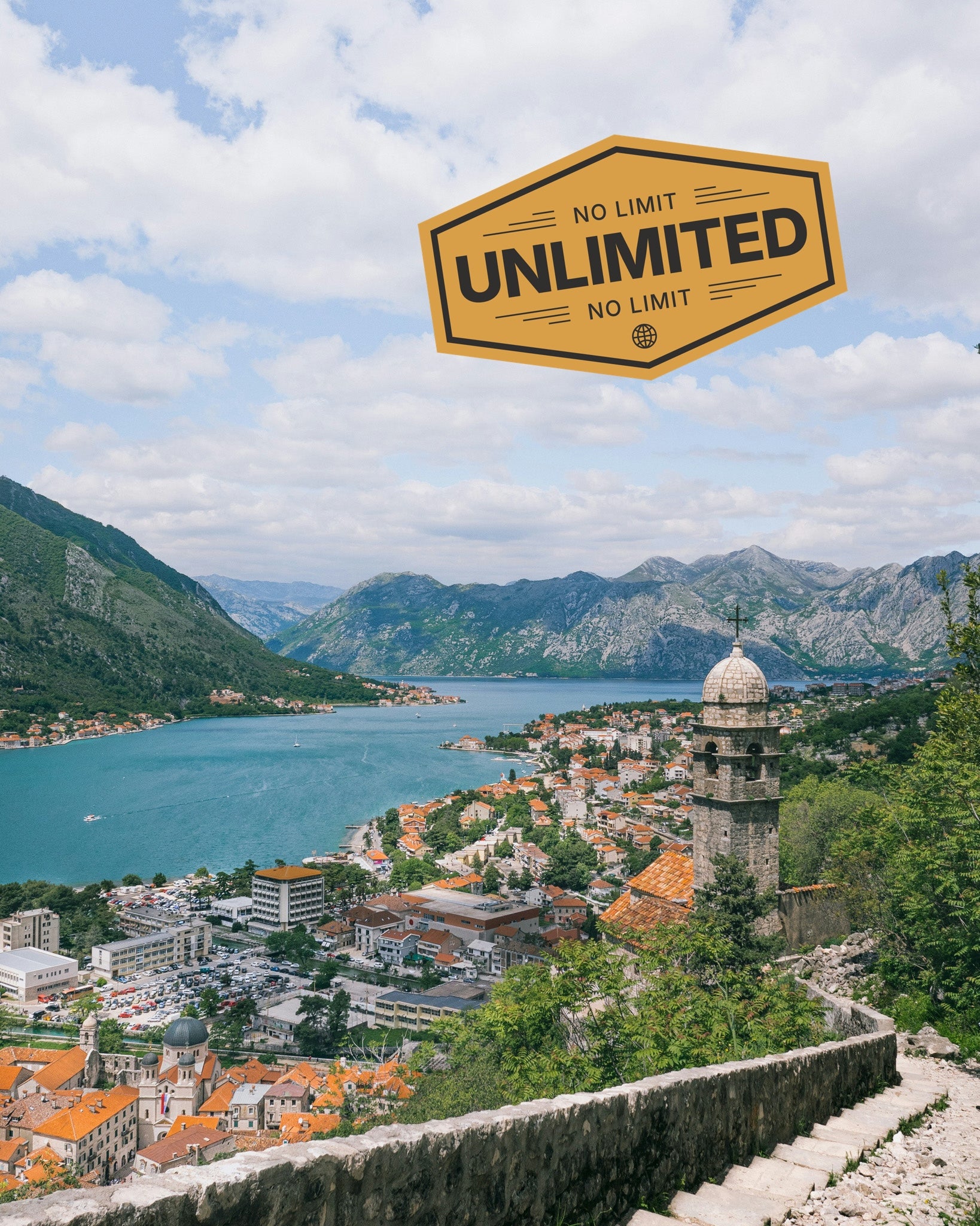Montenegro landscape showing iconic local scene, promoting eSIM unlimited data for travellers