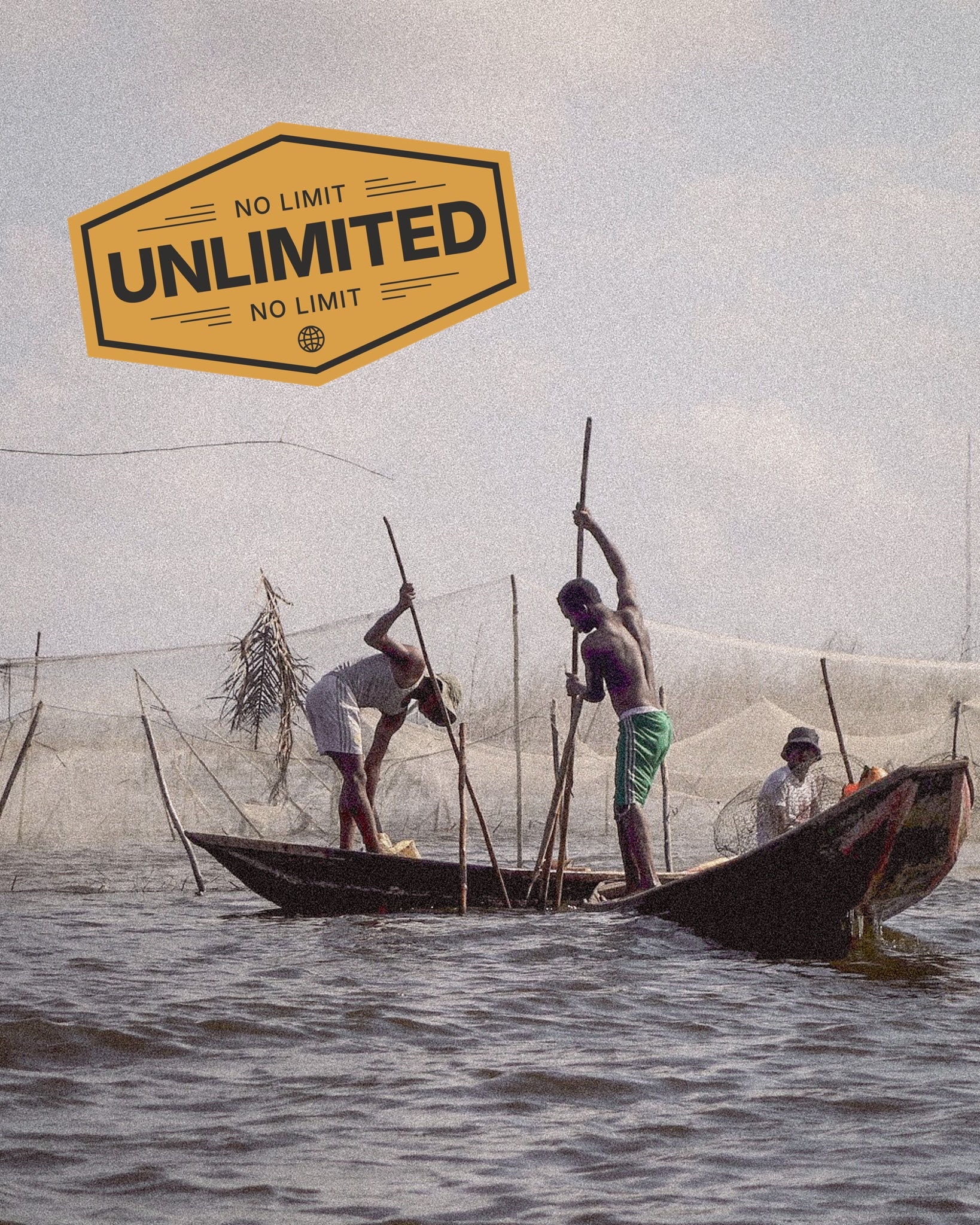 Men fishing from a small traditional boat in Benin, promoting SIMOVO Unlimited Data eSIM