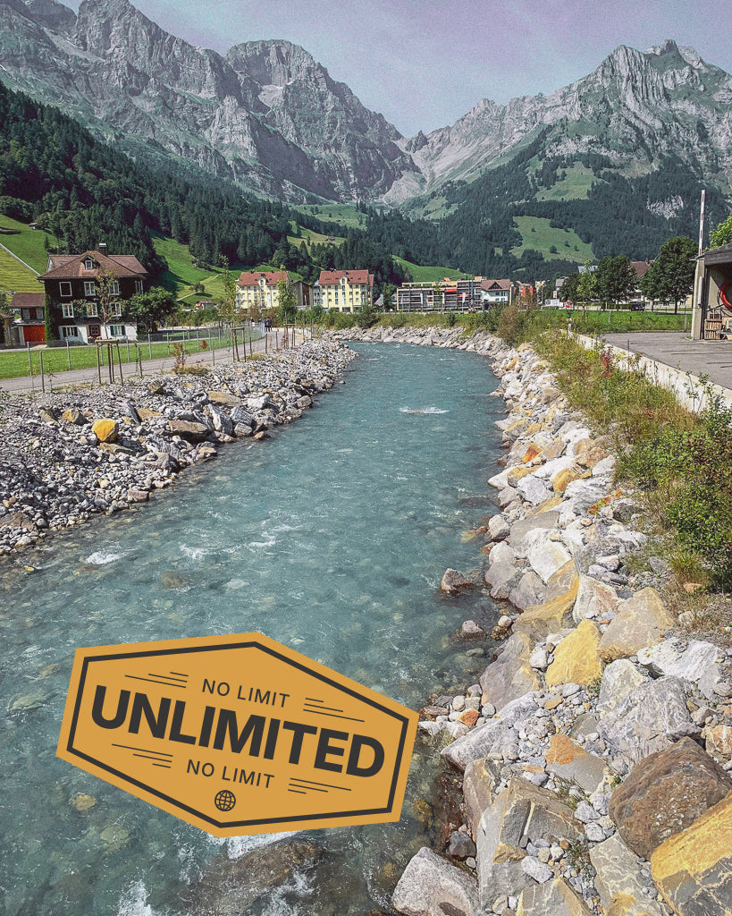 Europe landscape with mountain scene and river, promoting multi-country eSIM for travel