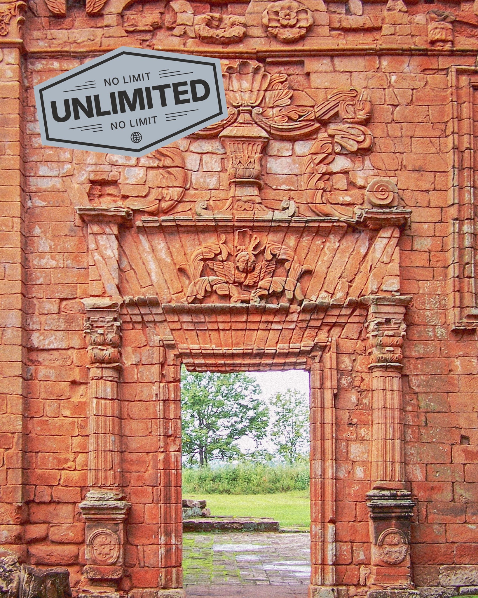 Ruins of a wall with door in Paraguay, promoting Unlimited Data eSIM