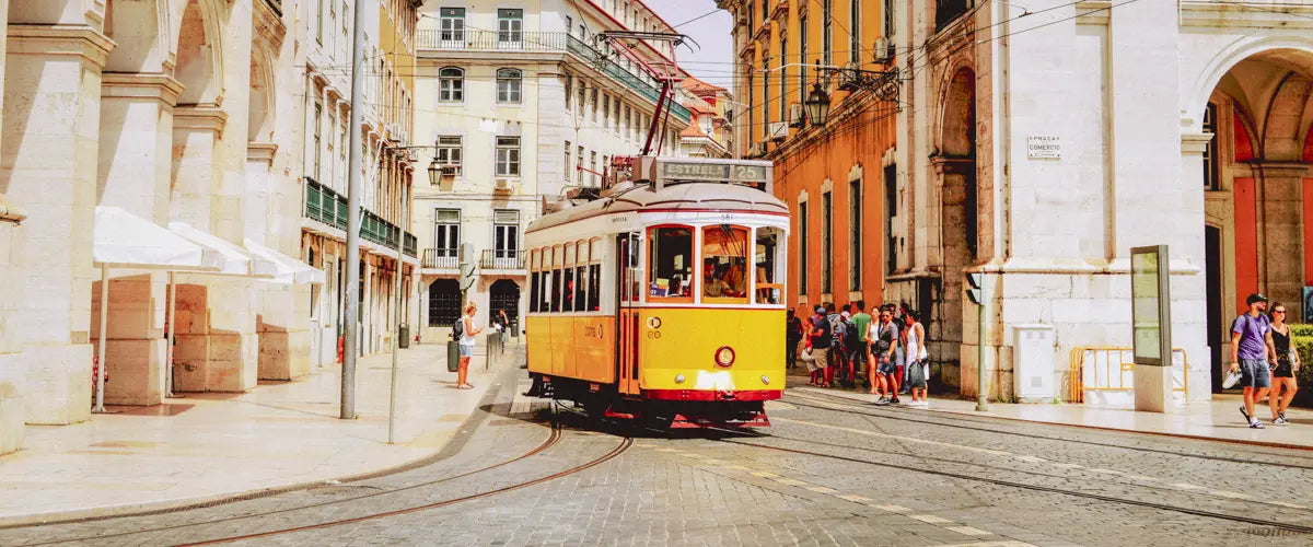 A tram traveling through Lisbon, Portugal