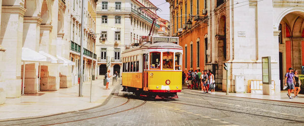 A tram traveling through Lisbon, Portugal