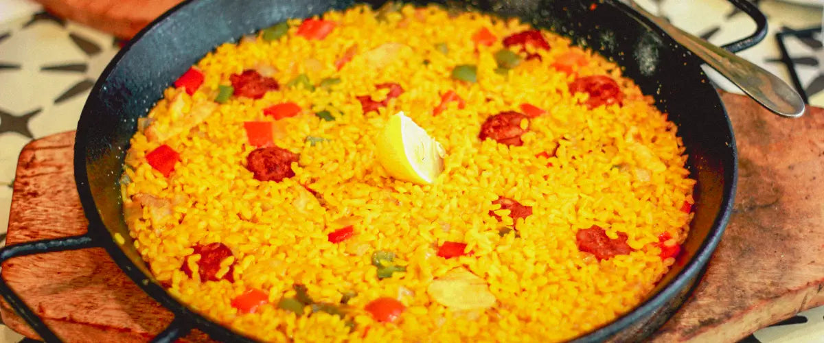 A pan of fresh paella, traditional Spanish food