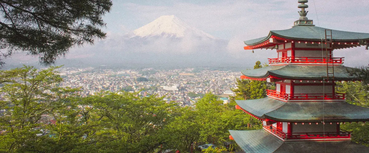 The Chureito Pagoda in Fujiyoshida, Japan, overlooking Mount Fuji
