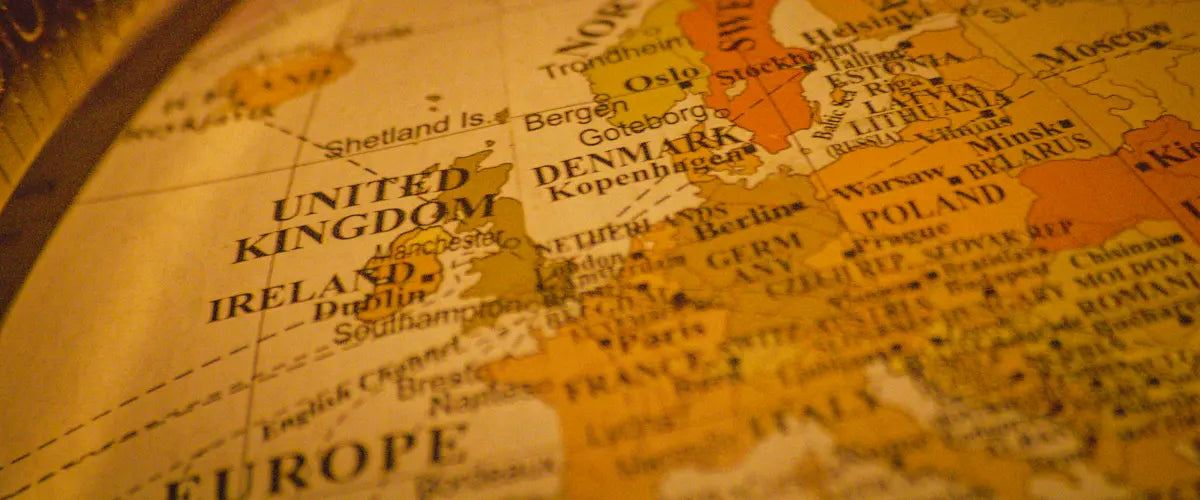 Close-up of a vintage globe depicting Europe