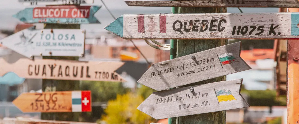 A collection of wooden signs pointing to different global locations.