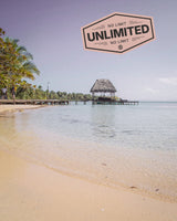 Beach scene in Belize promoting SIMOVO Unlimited Data eSIMs