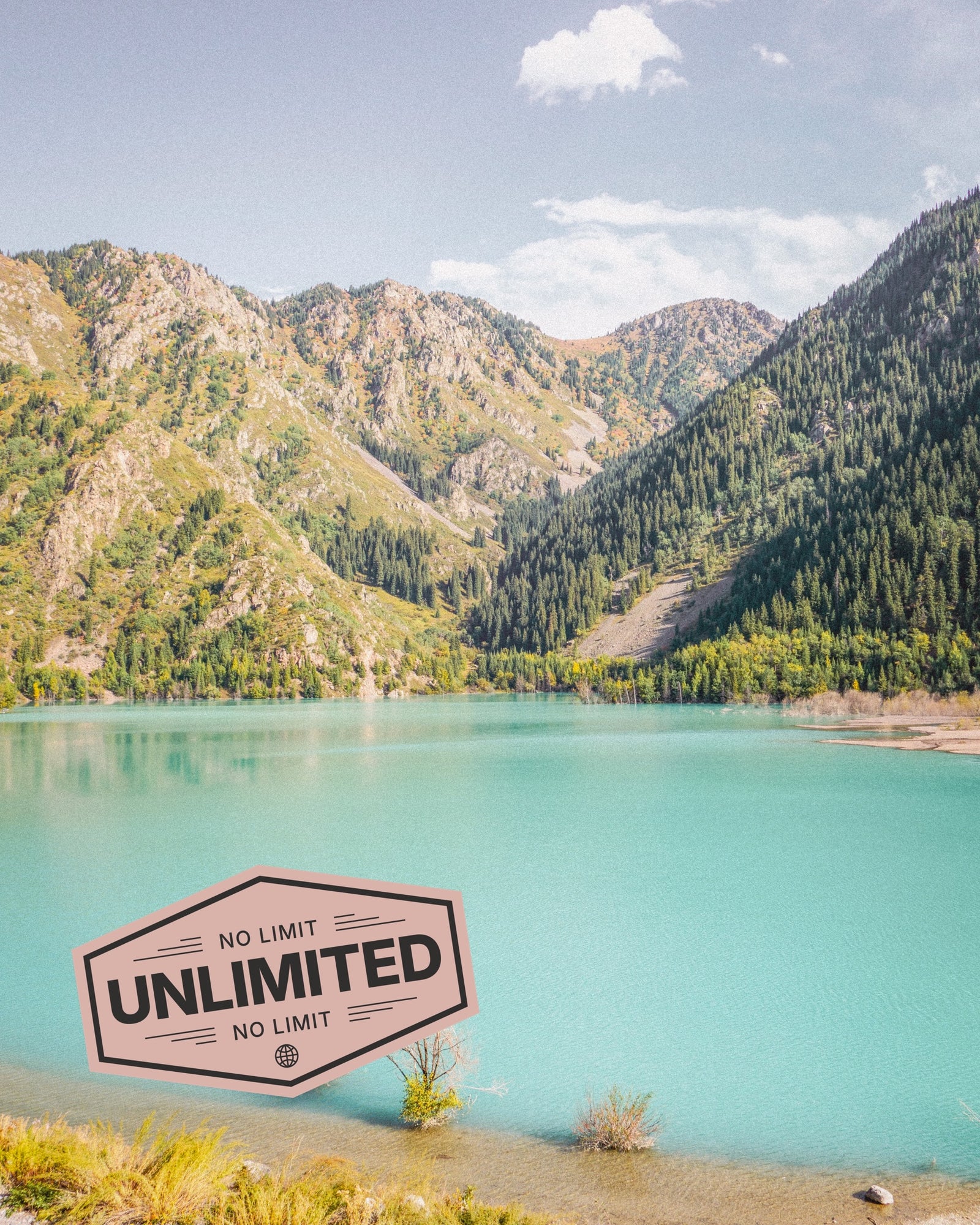 Kazakhstan landscape showing iconic mountain and lake scene, promoting eSIM unlimited data for travellers