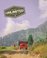 Pakistan landscape showing red jeep driving through mountains, promoting eSIM unlimited data for travellers