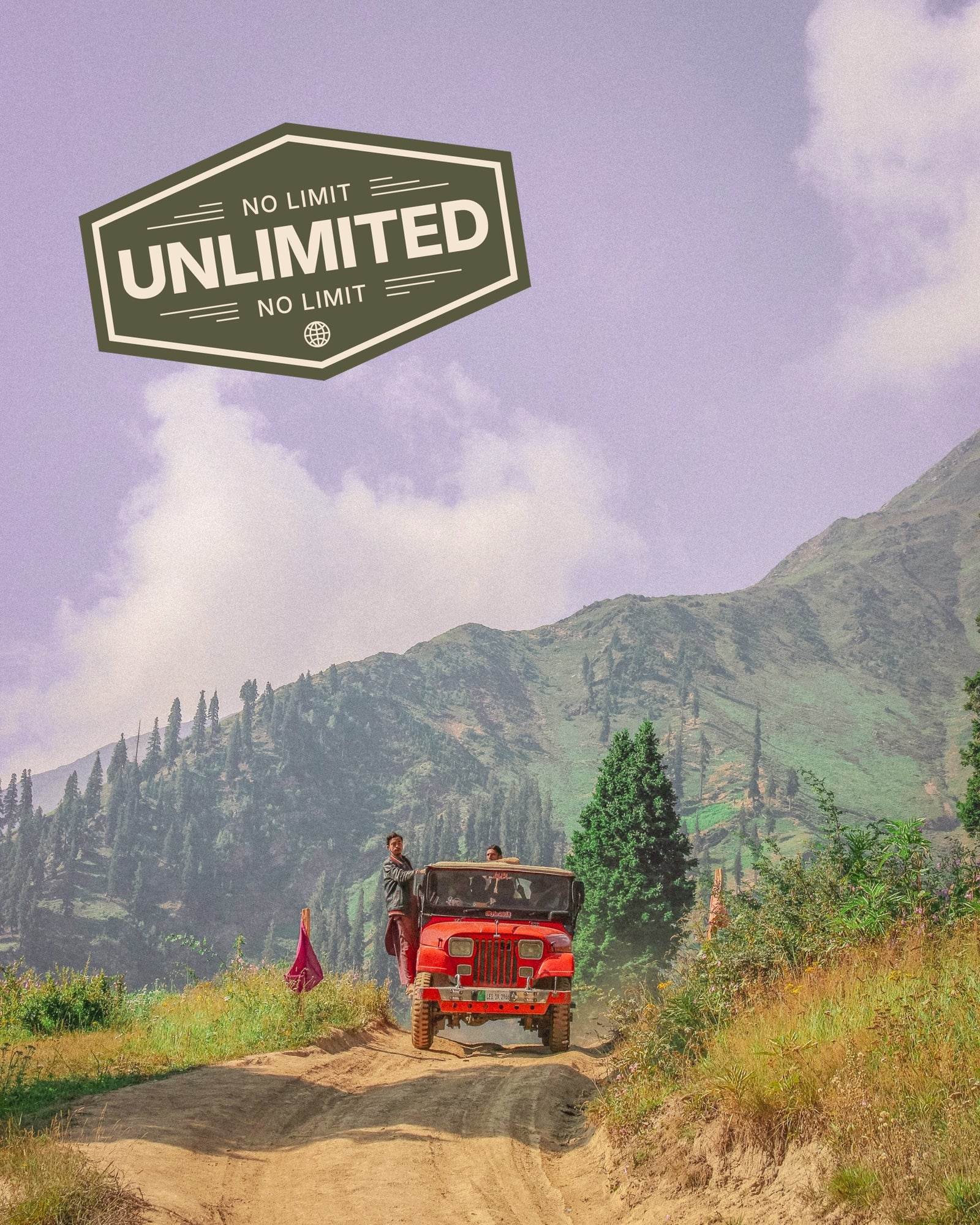 Pakistan landscape showing red jeep driving through mountains, promoting eSIM unlimited data for travellers